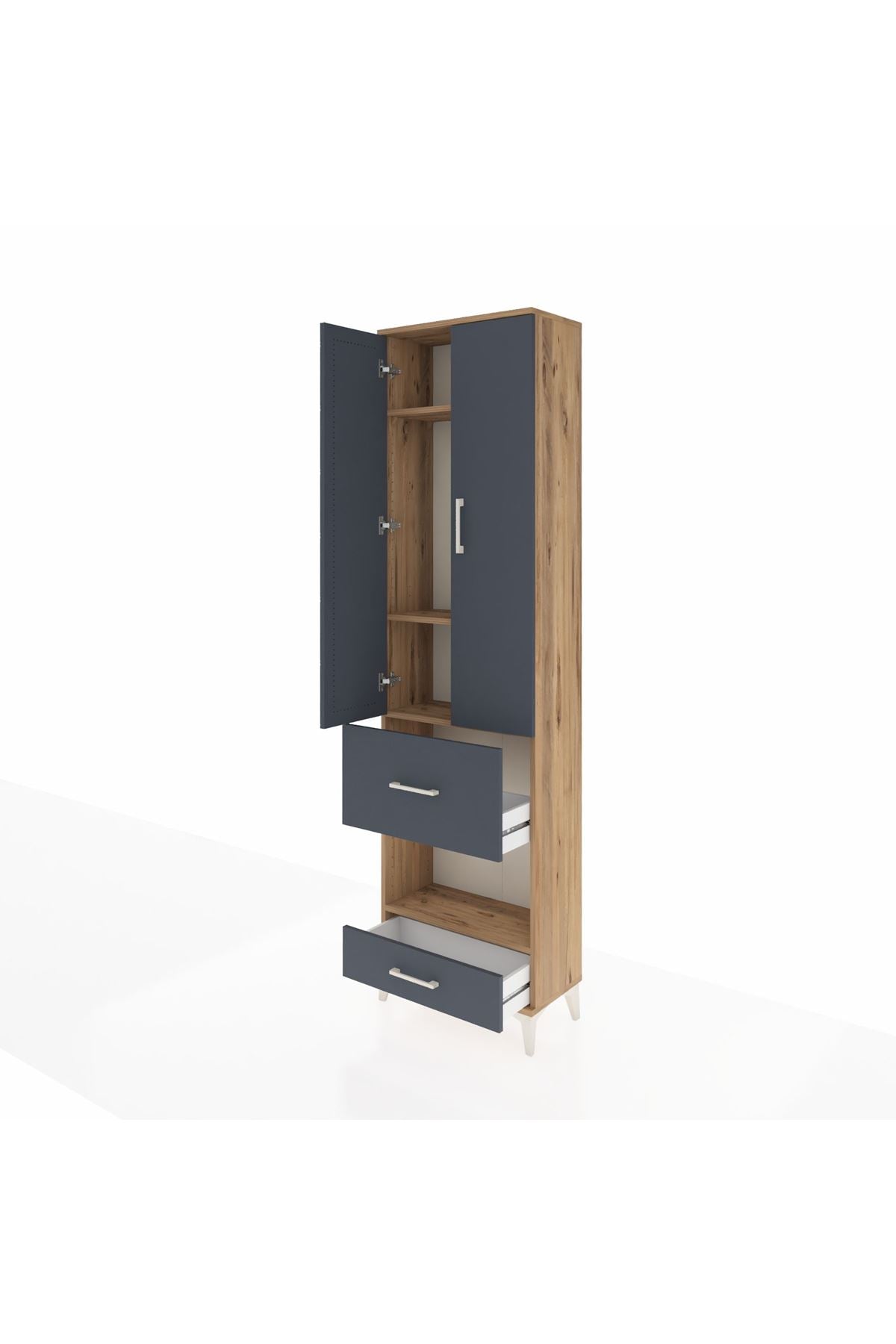 Arges Dolap 4 Raflı 2 Çekmeceli 2 Kapaklı 60x30x221 Çam-Antrasit