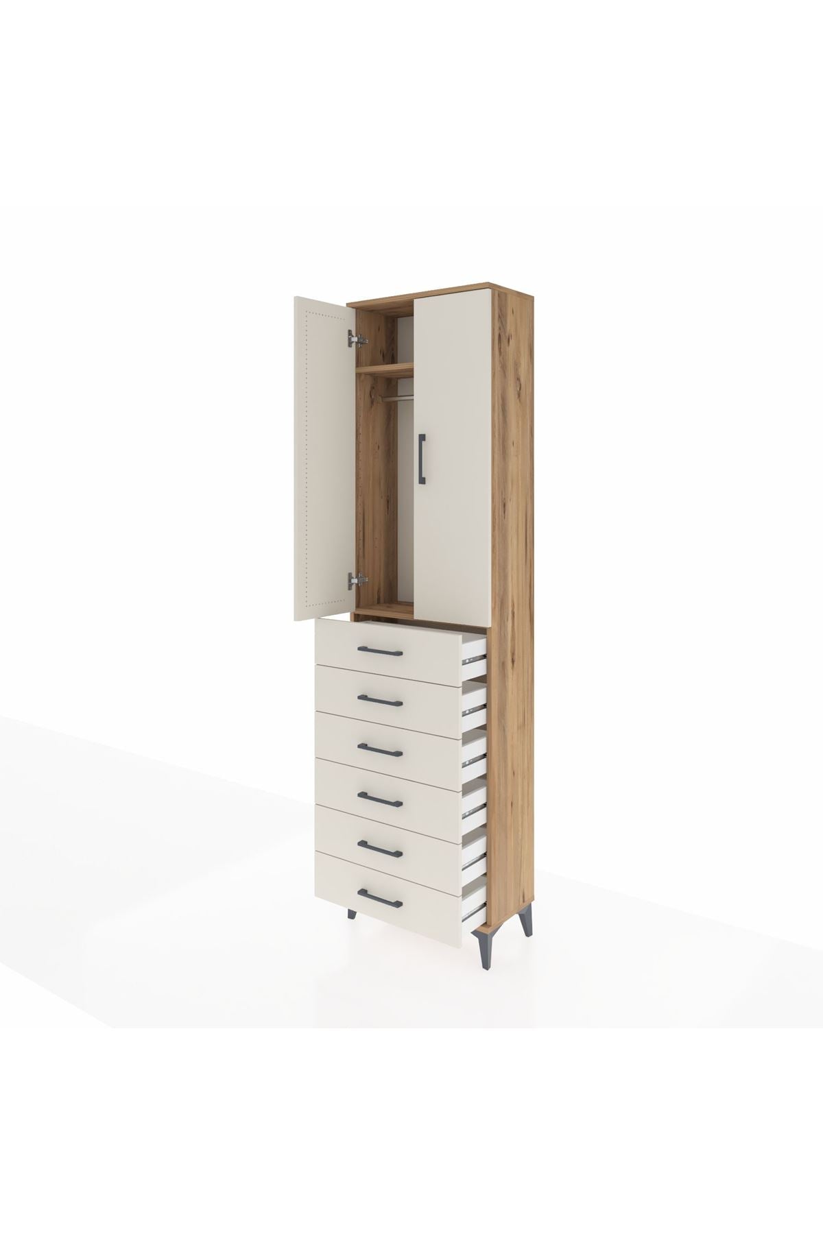 Arges Dolap 2 Raflı 6 Çekmeceli Tek Askılı 60x30x221 Çam-Aytaşı