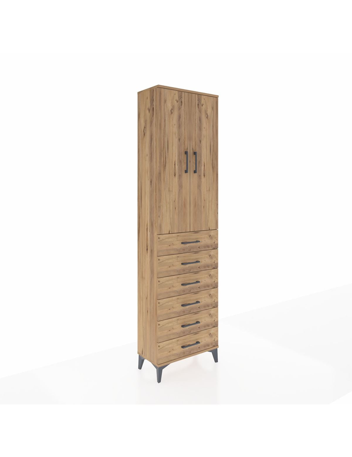 Arges Dolap 2 Raflı 6 Çekmeceli Tek Askılı 60x30x221 Çam-Çam