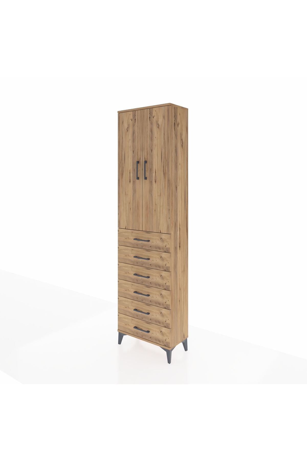 Arges Dolap 2 Raflı 6 Çekmeceli Tek Askılı 60x30x221 Çam-Çam