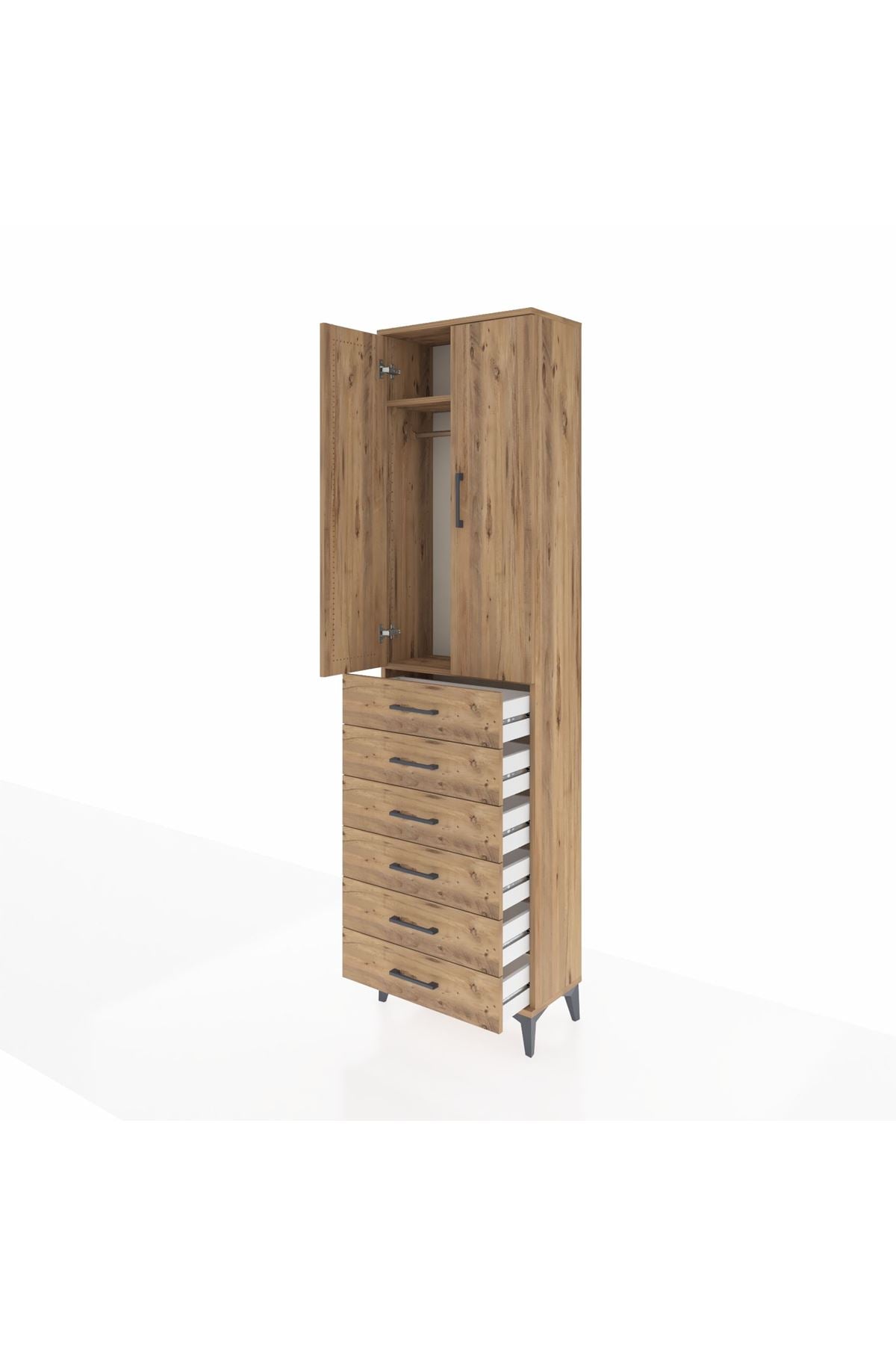 Arges Dolap 2 Raflı 6 Çekmeceli Tek Askılı 60x30x221 Çam-Çam