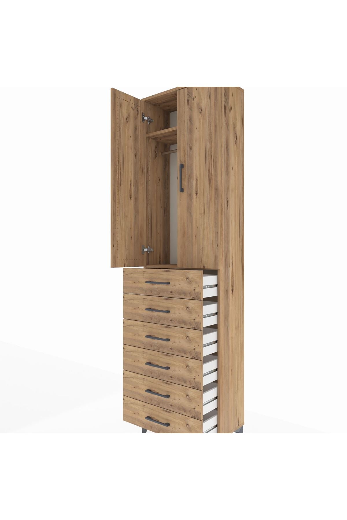 Arges Dolap 2 Raflı 6 Çekmeceli Tek Askılı 60x30x221 Çam-Çam