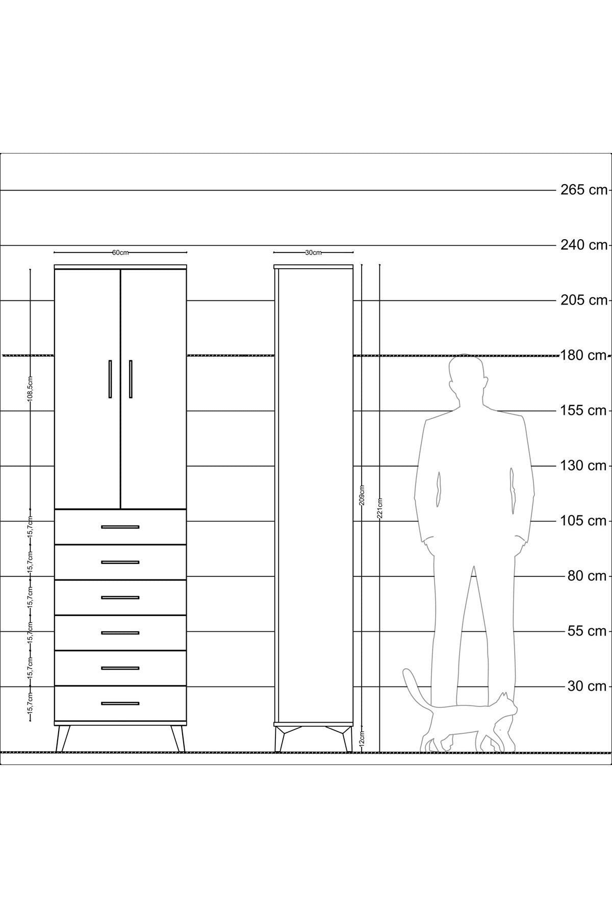Arges Dolap 2 Raflı 6 Çekmeceli Tek Askılı 60x30x221 Çam-Çam