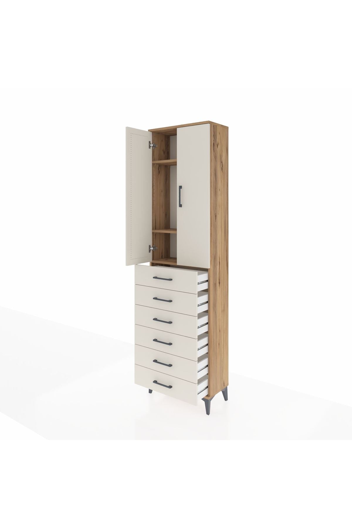 Arges Dolap 3 Raflı 6 Çekmeceli 2 Kapaklı 60x30x221 Çam-Aytaşı