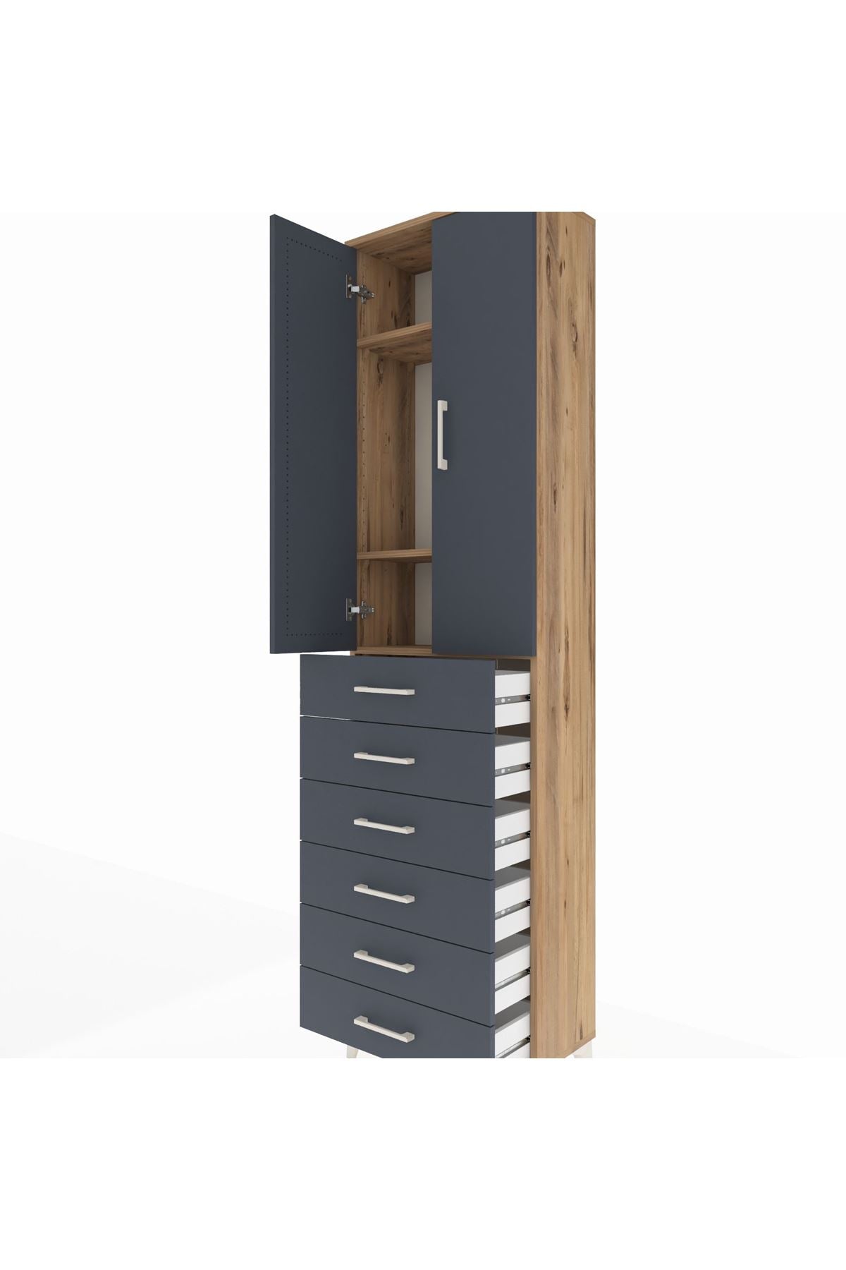 Arges Dolap 3 Raflı 6 Çekmeceli 2 Kapaklı 60x30x221 Çam-Antrasit