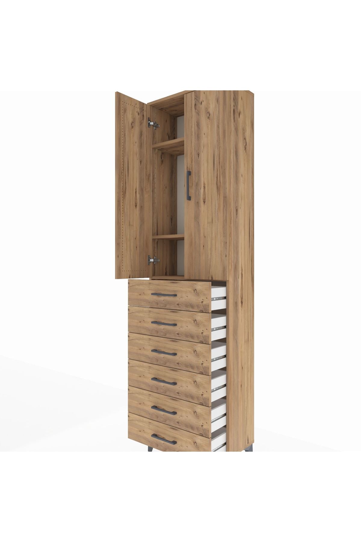 Arges Dolap 3 Raflı 6 Çekmeceli 2 Kapaklı 60x30x221 Çam-Çam