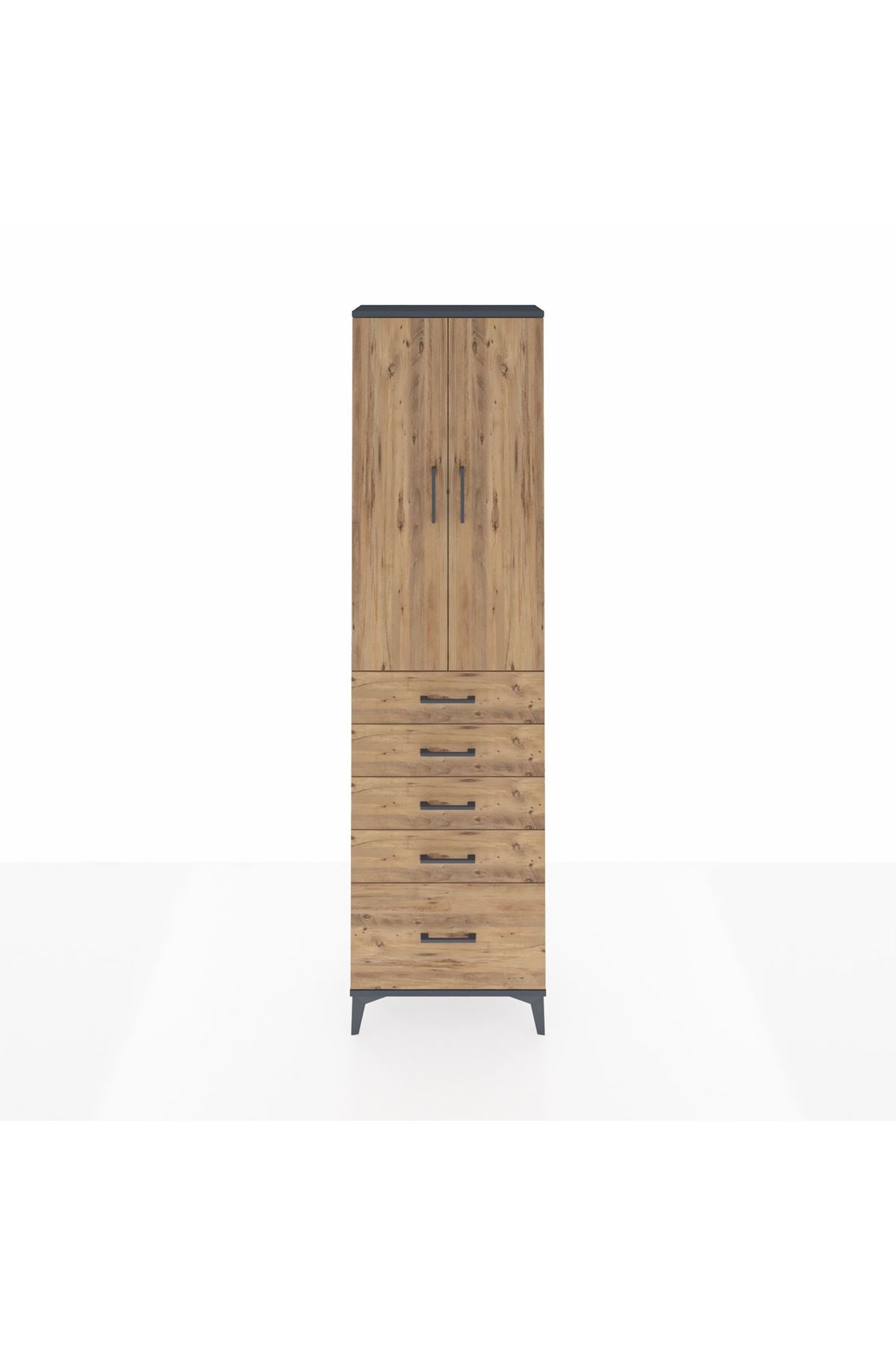 Arges Dolap 2 Raflı 5 Çekmeceli Tek Askılı 60x30x221 Antrasit-Çam