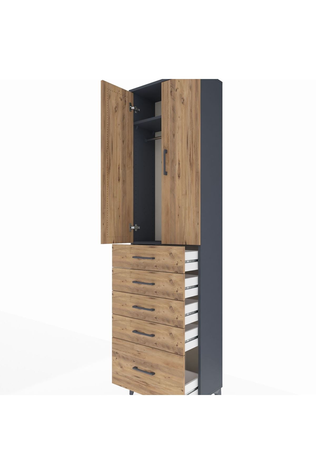 Arges Dolap 2 Raflı 5 Çekmeceli Tek Askılı 60x30x221 Antrasit-Çam