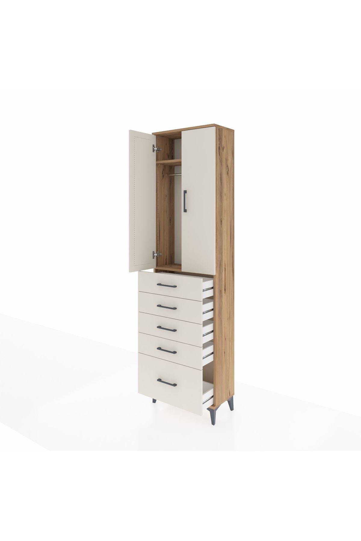 Arges Dolap 2 Raflı 5 Çekmeceli Tek Askılı 60x30x221 Çam-Aytaşı