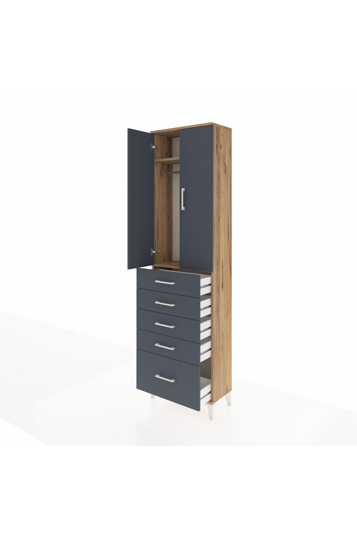 Arges Dolap 2 Raflı 5 Çekmeceli Tek Askılı 60x30x221 Çam-Antrasit