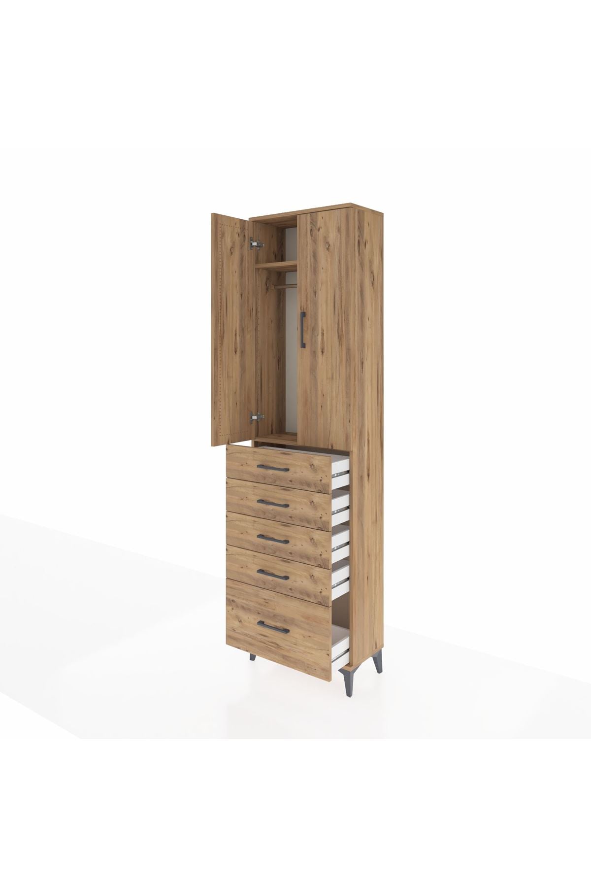 Arges Dolap 2 Raflı 5 Çekmeceli Tek Askılı 60x30x221 Çam-Çam