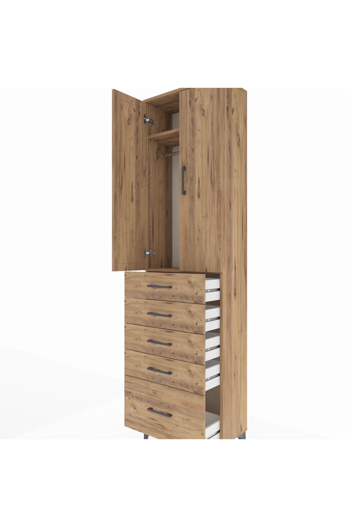 Arges Dolap 2 Raflı 5 Çekmeceli Tek Askılı 60x30x221 Çam-Çam