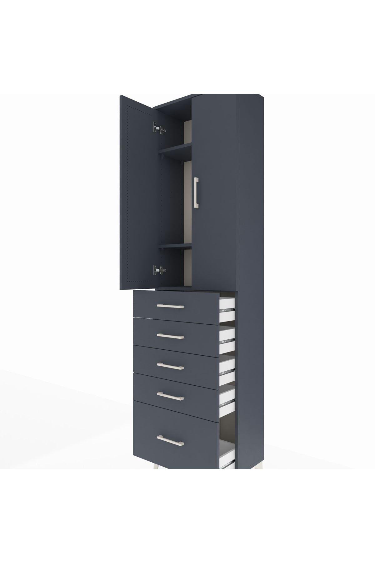 Arges Dolap 3 Raflı 5 Çekmeceli 2 Kapaklı 60x30x221 Antrasit-Antrasit