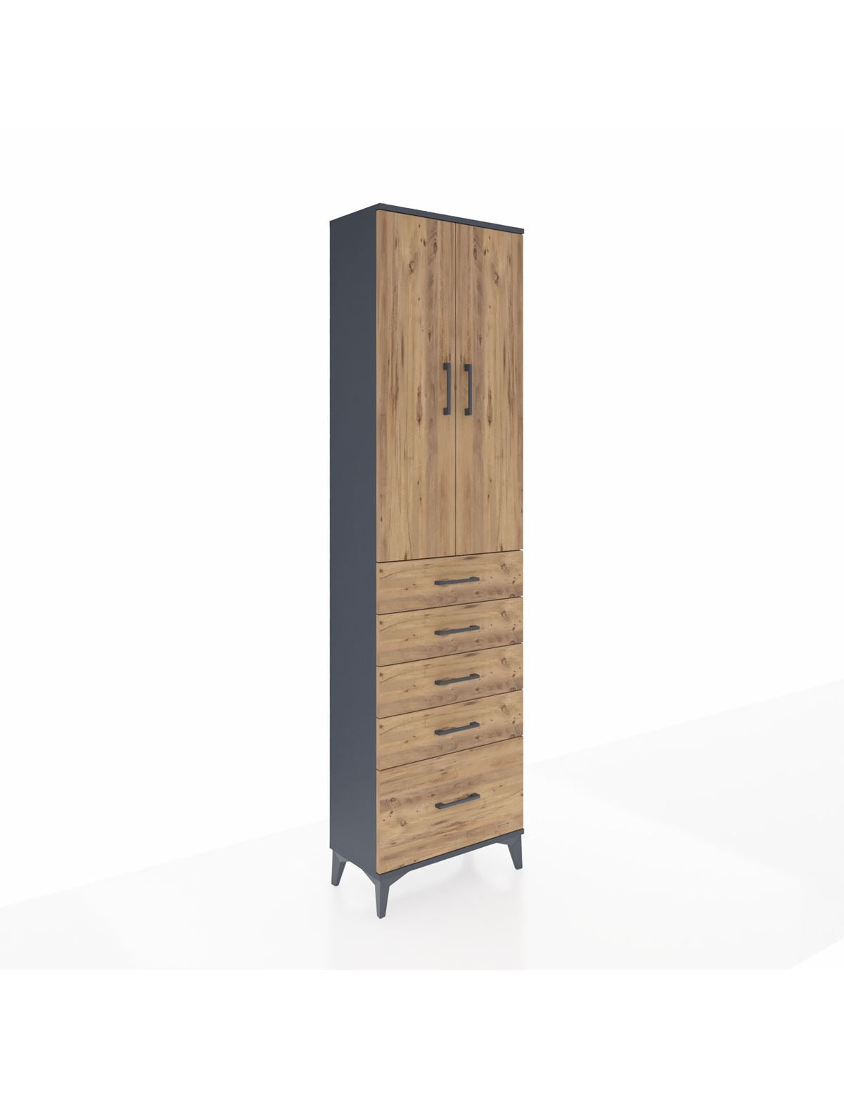 Arges Dolap 3 Raflı 5 Çekmeceli 2 Kapaklı 60x30x221 Antrasit-Çam