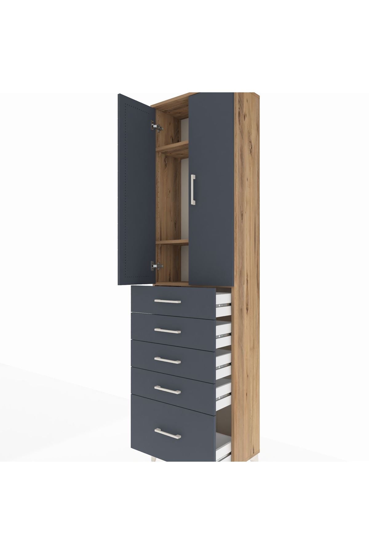 Arges Dolap 3 Raflı 5 Çekmeceli 2 Kapaklı 60x30x221 Çam-Antrasit