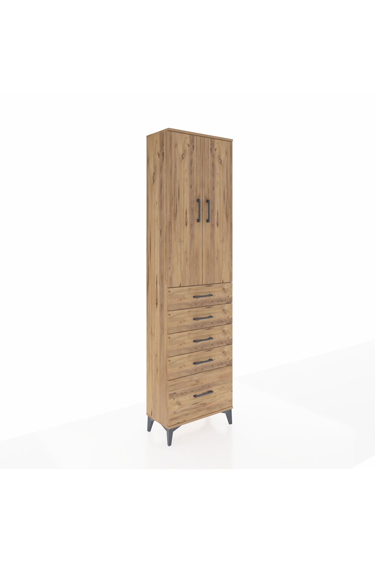 Arges Dolap 3 Raflı 5 Çekmeceli 2 Kapaklı 60x30x221 Çam-Çam