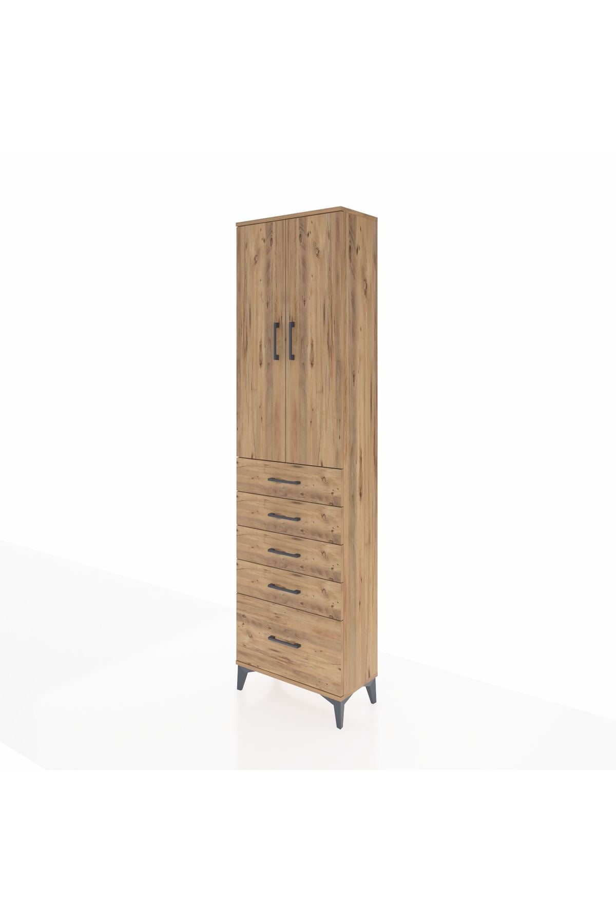 Arges Dolap 3 Raflı 5 Çekmeceli 2 Kapaklı 60x30x221 Çam-Çam