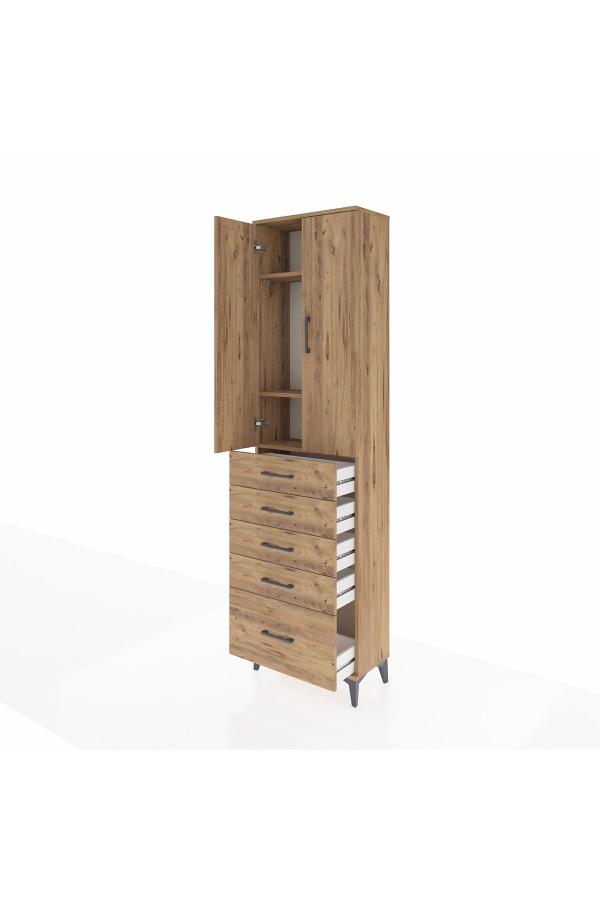 Arges Dolap 3 Raflı 5 Çekmeceli 2 Kapaklı 60x30x221 Çam-Çam