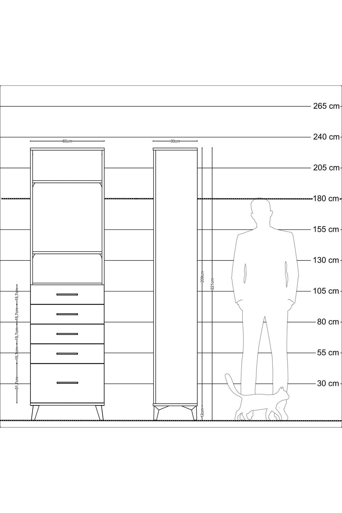 Arges Dolap 3 Raflı 5 Çekmeceli 60x30x221 Çam-Çam