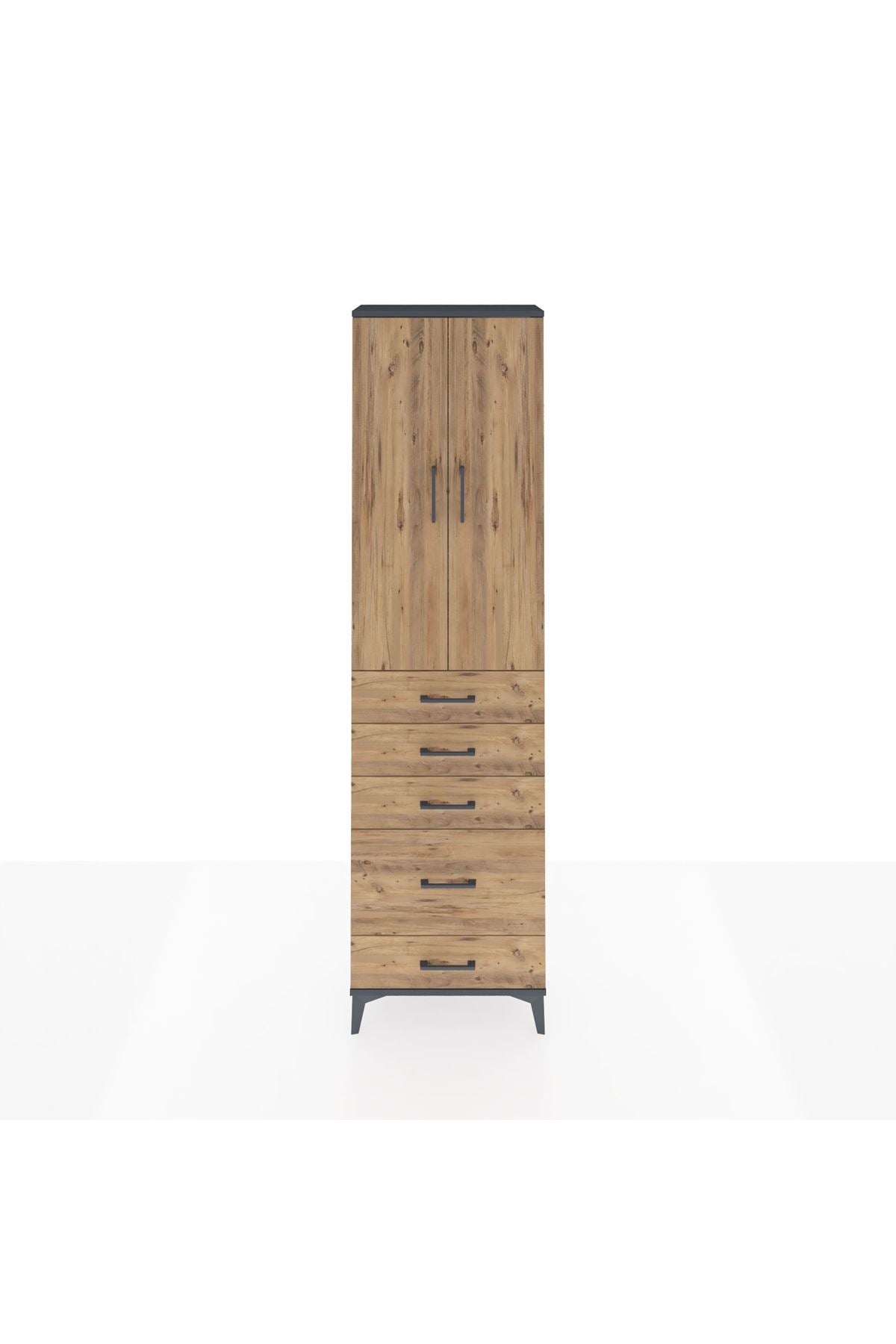 Arges Dolap 2 Raflı 5 Çekmeceli Tek Askılı 60x30x221 Antrasit-Çam