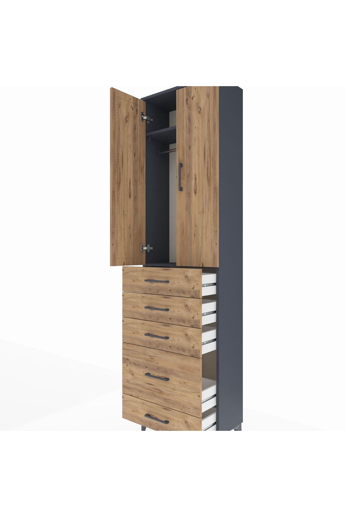 Arges Dolap 2 Raflı 5 Çekmeceli Tek Askılı 60x30x221 Antrasit-Çam