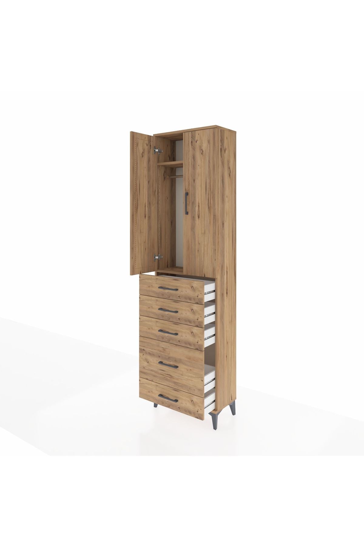 Arges Dolap 2 Raflı 5 Çekmeceli Tek Askılı 60x30x221 Çam-Çam