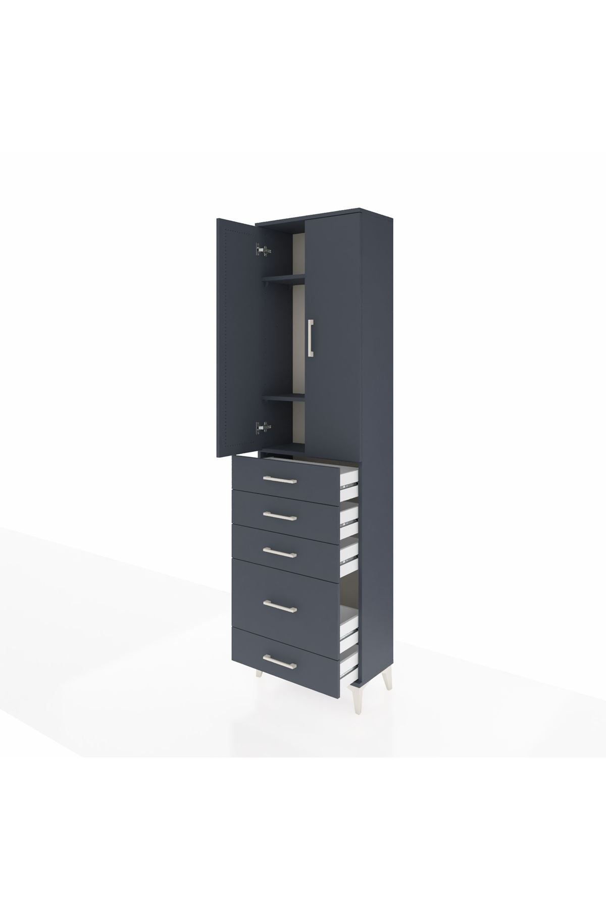 Arges Dolap 3 Raflı 5 Çekmeceli 2 Kapaklı 60x30x221 Antrasit-Antrasit