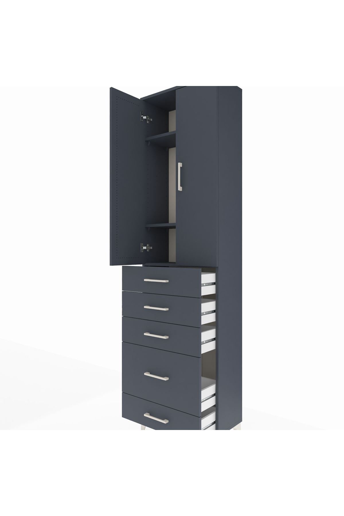 Arges Dolap 3 Raflı 5 Çekmeceli 2 Kapaklı 60x30x221 Antrasit-Antrasit