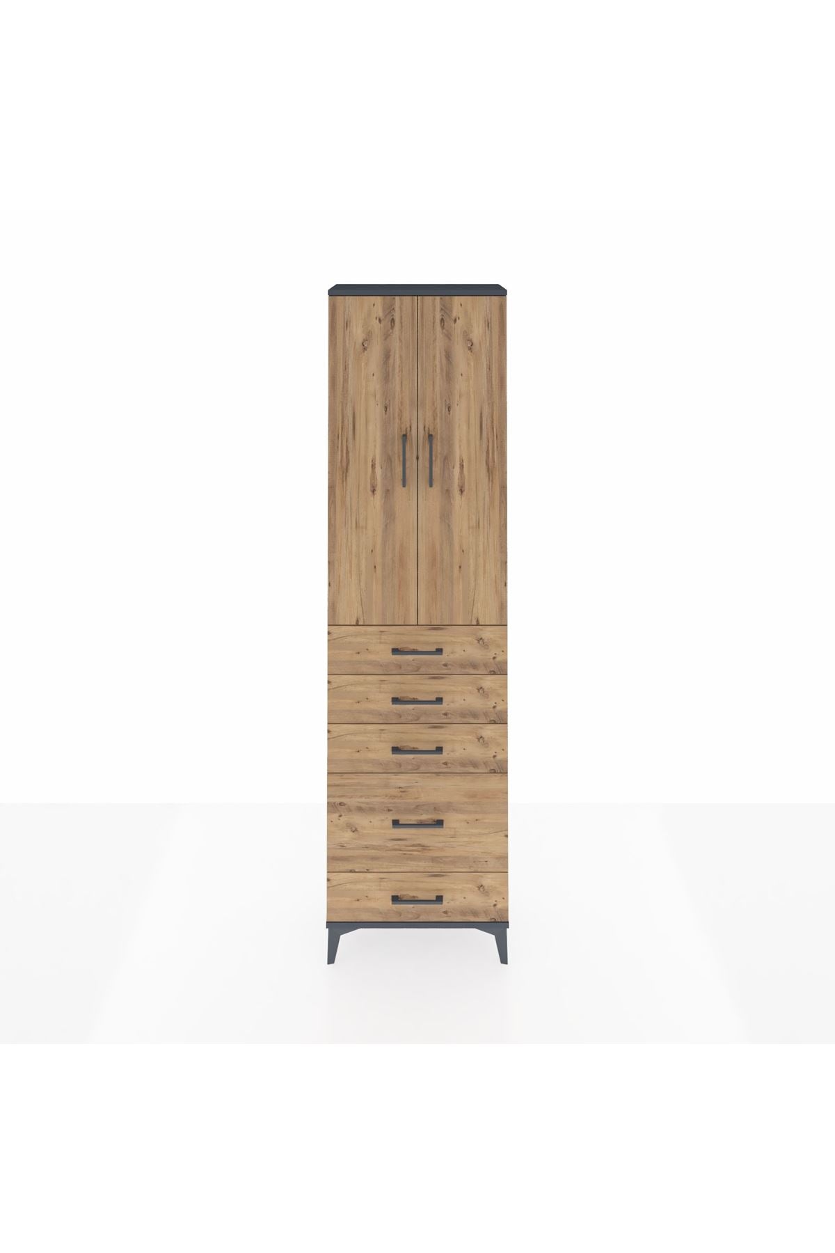 Arges Dolap 3 Raflı 5 Çekmeceli 2 Kapaklı 60x30x221 Antrasit-Çam