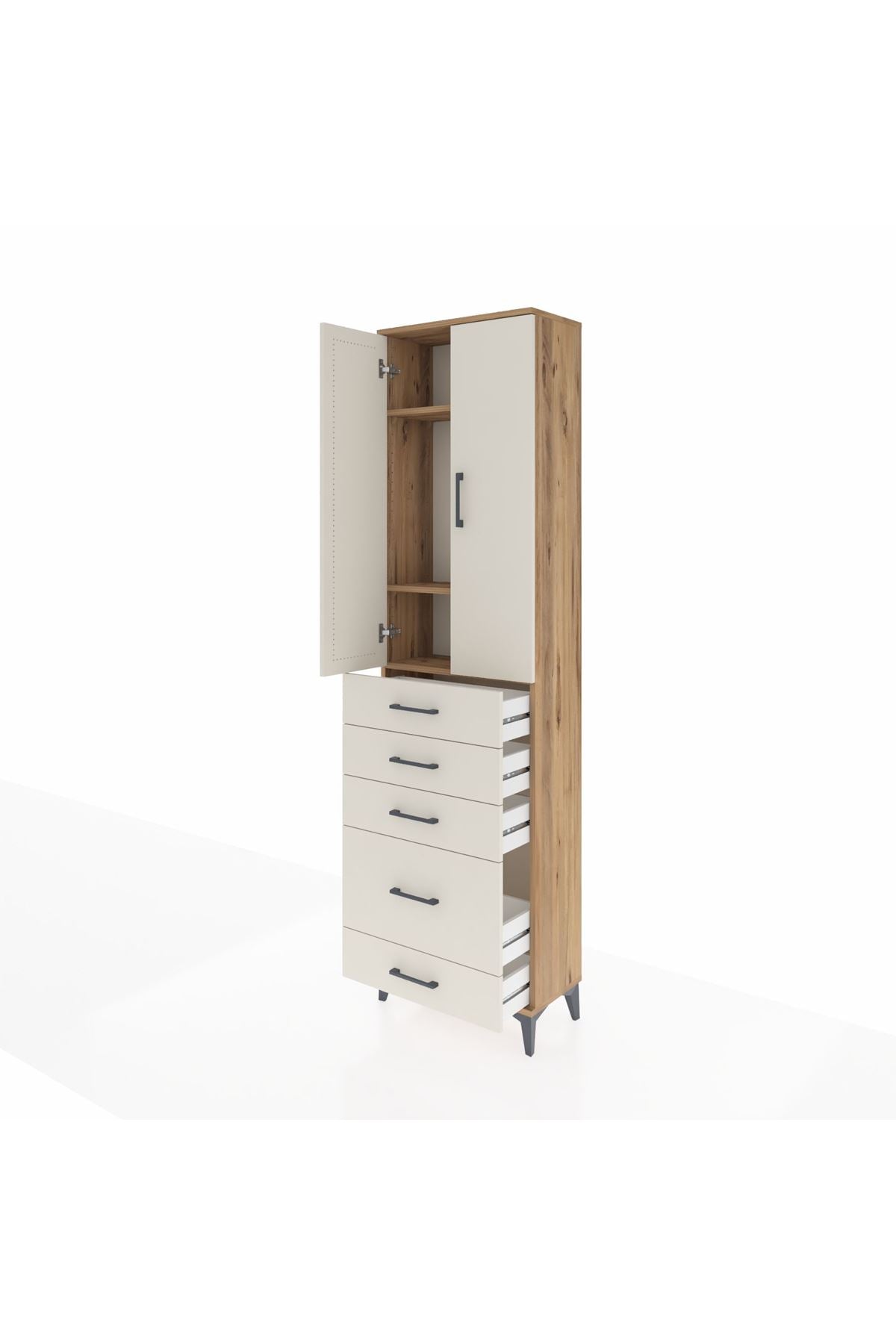 Arges Dolap 3 Raflı 5 Çekmeceli 2 Kapaklı 60x30x221 Çam-Aytaşı