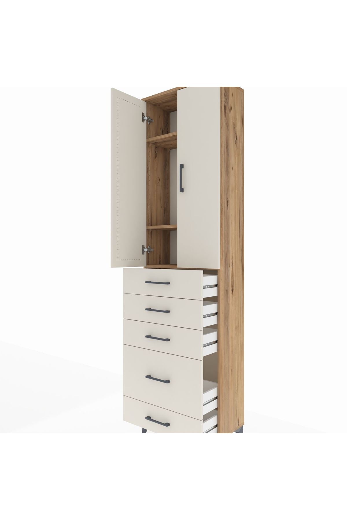 Arges Dolap 3 Raflı 5 Çekmeceli 2 Kapaklı 60x30x221 Çam-Aytaşı