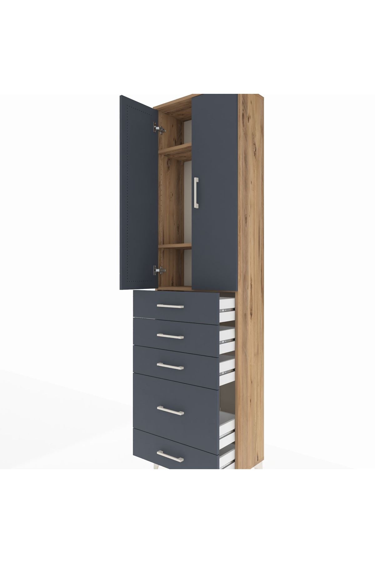 Arges Dolap 3 Raflı 5 Çekmeceli 2 Kapaklı 60x30x221 Çam-Antrasit