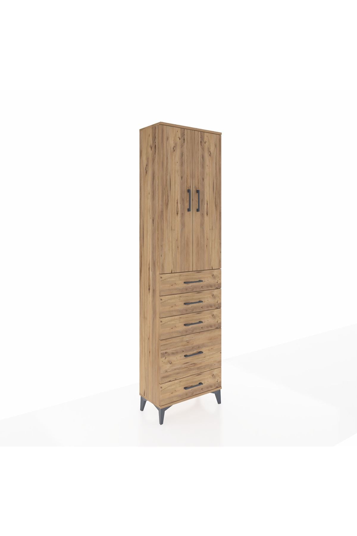 Arges Dolap 3 Raflı 5 Çekmeceli 2 Kapaklı 60x30x221 Çam-Çam