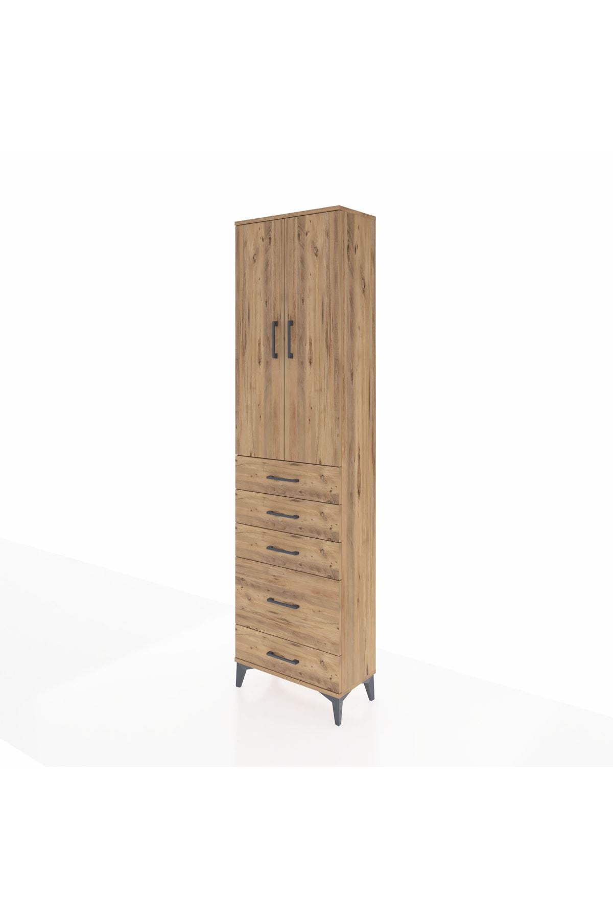 Arges Dolap 3 Raflı 5 Çekmeceli 2 Kapaklı 60x30x221 Çam-Çam