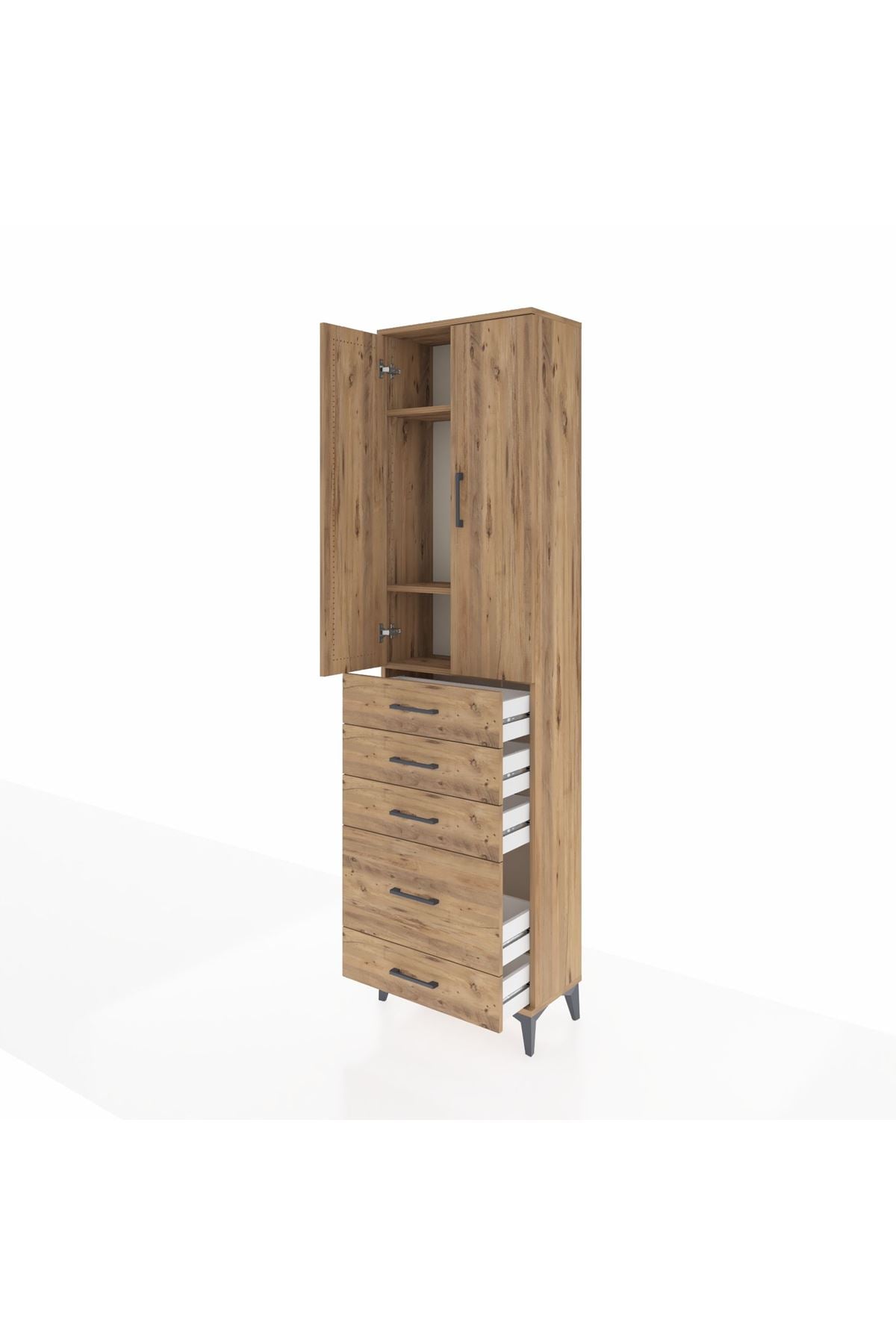 Arges Dolap 3 Raflı 5 Çekmeceli 2 Kapaklı 60x30x221 Çam-Çam