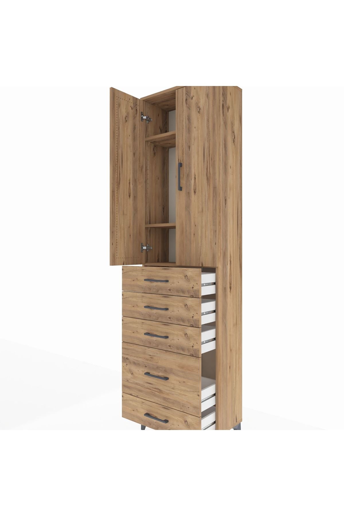 Arges Dolap 3 Raflı 5 Çekmeceli 2 Kapaklı 60x30x221 Çam-Çam