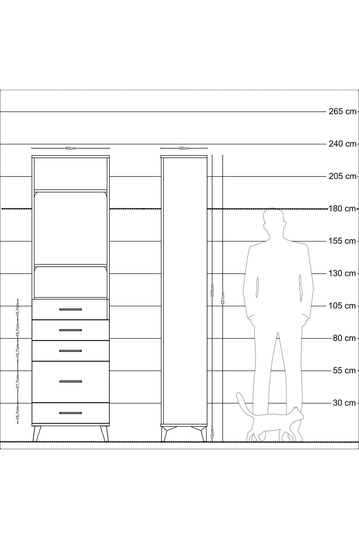 Arges Dolap 3 Raflı 5 Çekmeceli 60x30x221 Antrasit-Çam