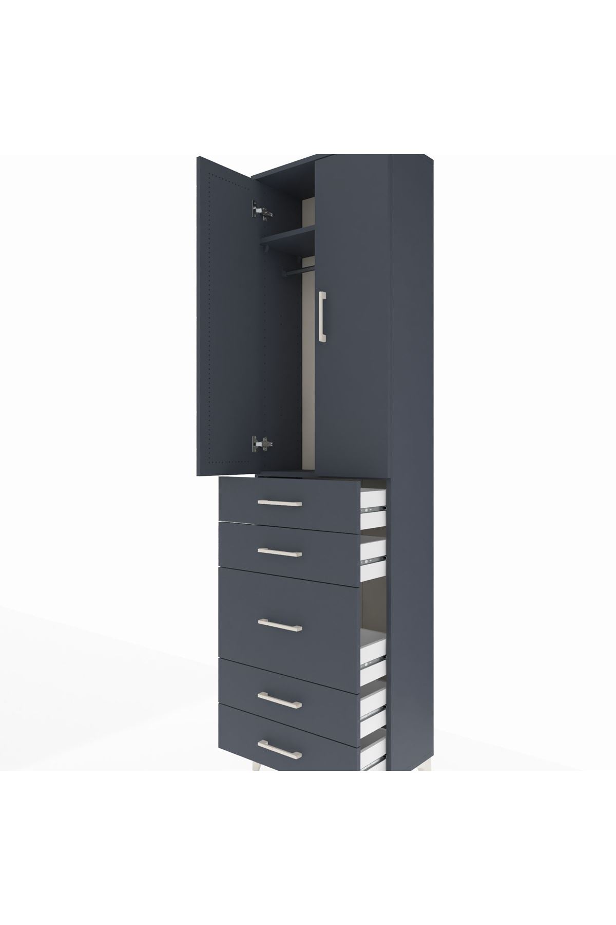 Arges Dolap 2 Raflı 5 Çekmeceli Tek Askılı 60x30x221 Antrasit-Antrasit