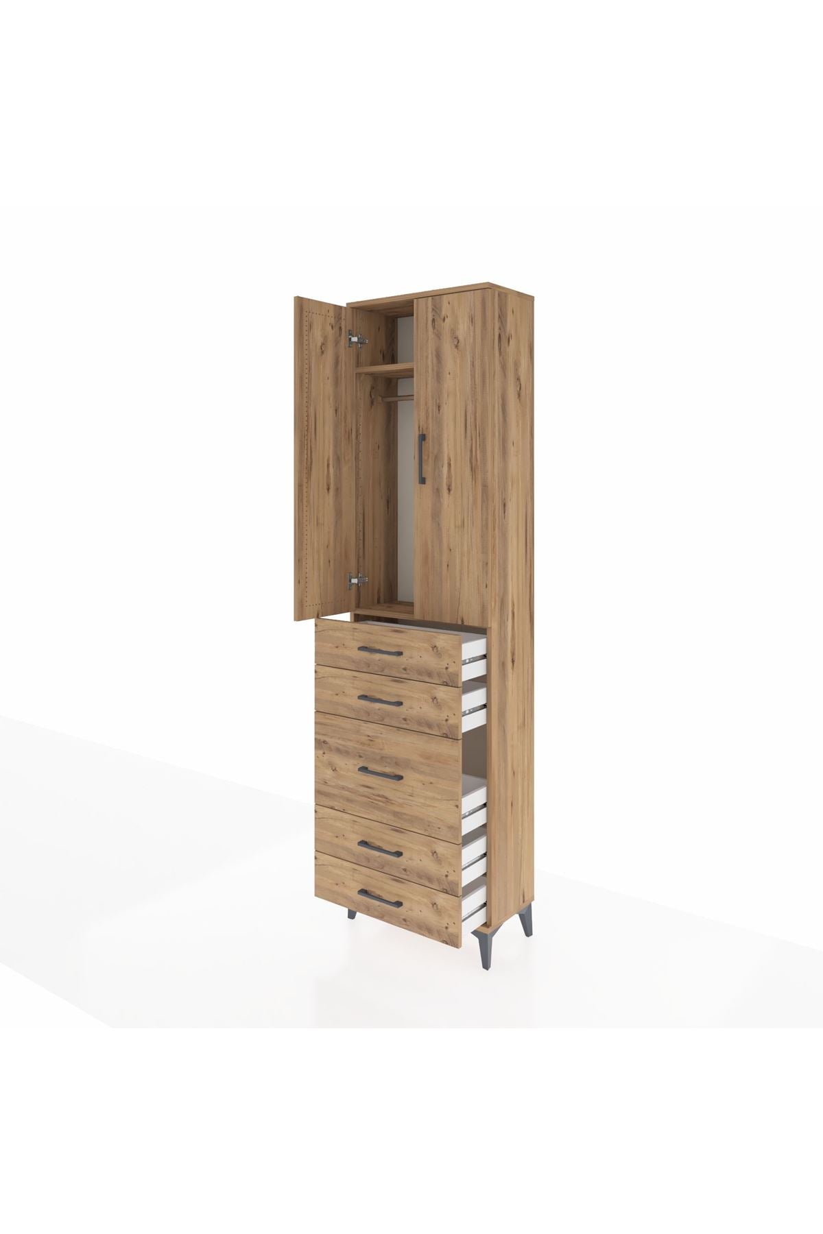 Arges Dolap 2 Raflı 5 Çekmeceli Tek Askılı 60x30x221 Çam-Çam