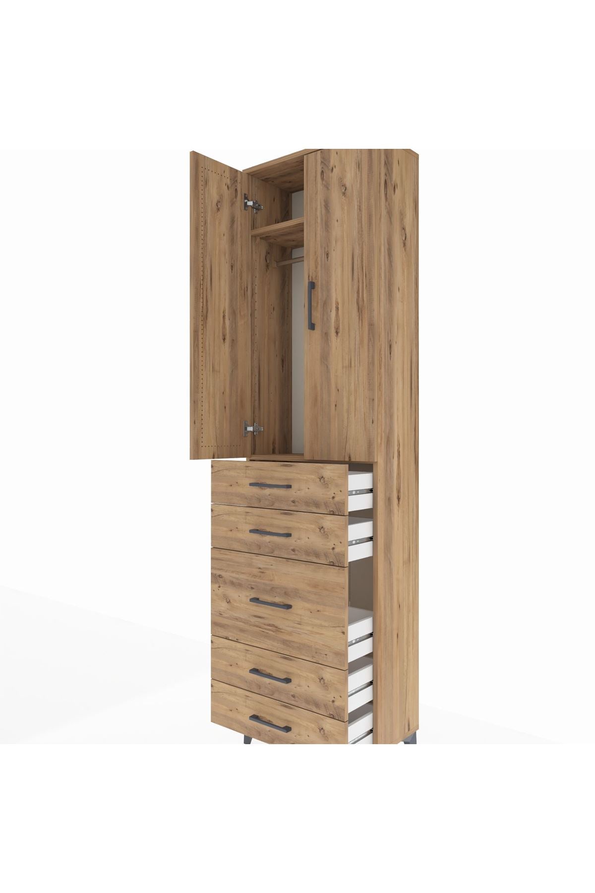 Arges Dolap 2 Raflı 5 Çekmeceli Tek Askılı 60x30x221 Çam-Çam