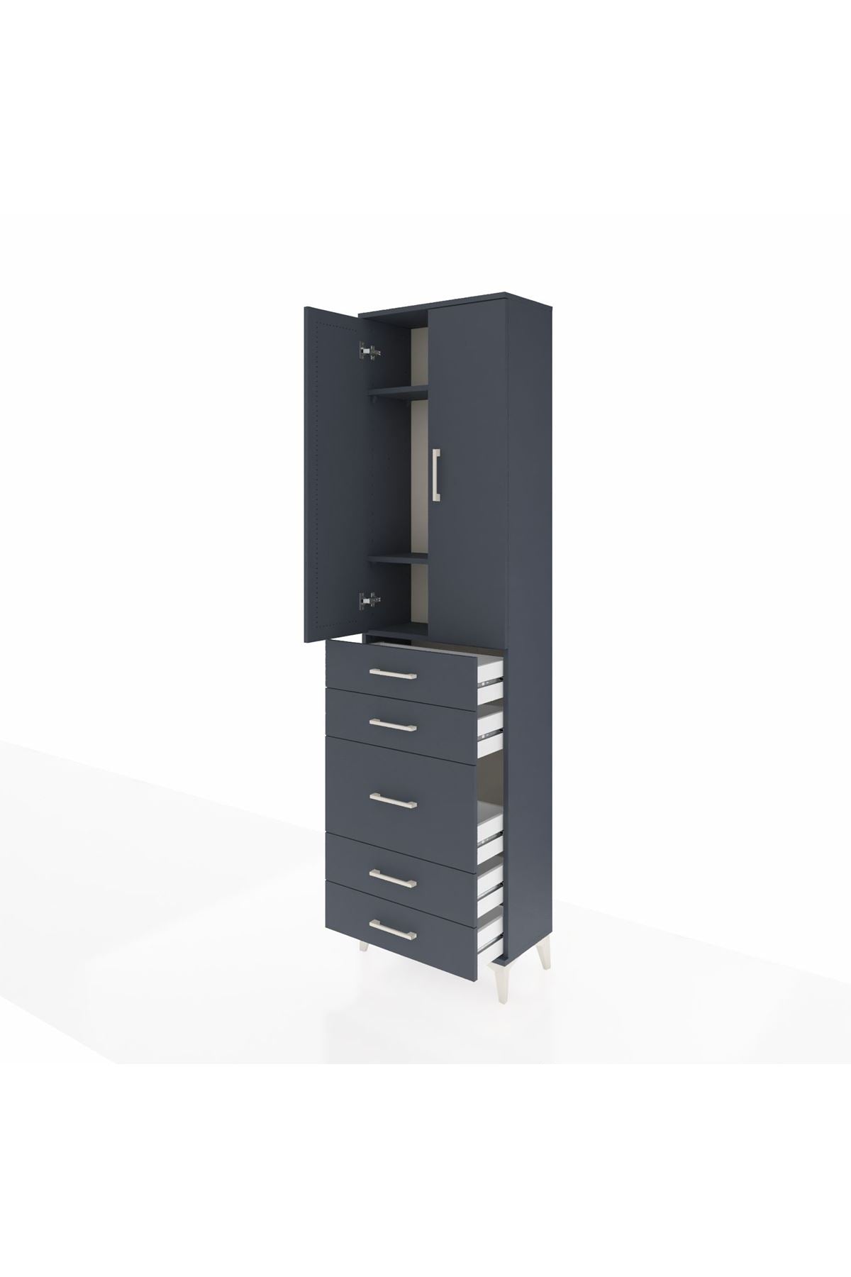 Arges Dolap 3 Raflı 5 Çekmeceli 2 Kapaklı 60x30x221 Antrasit-Antrasit