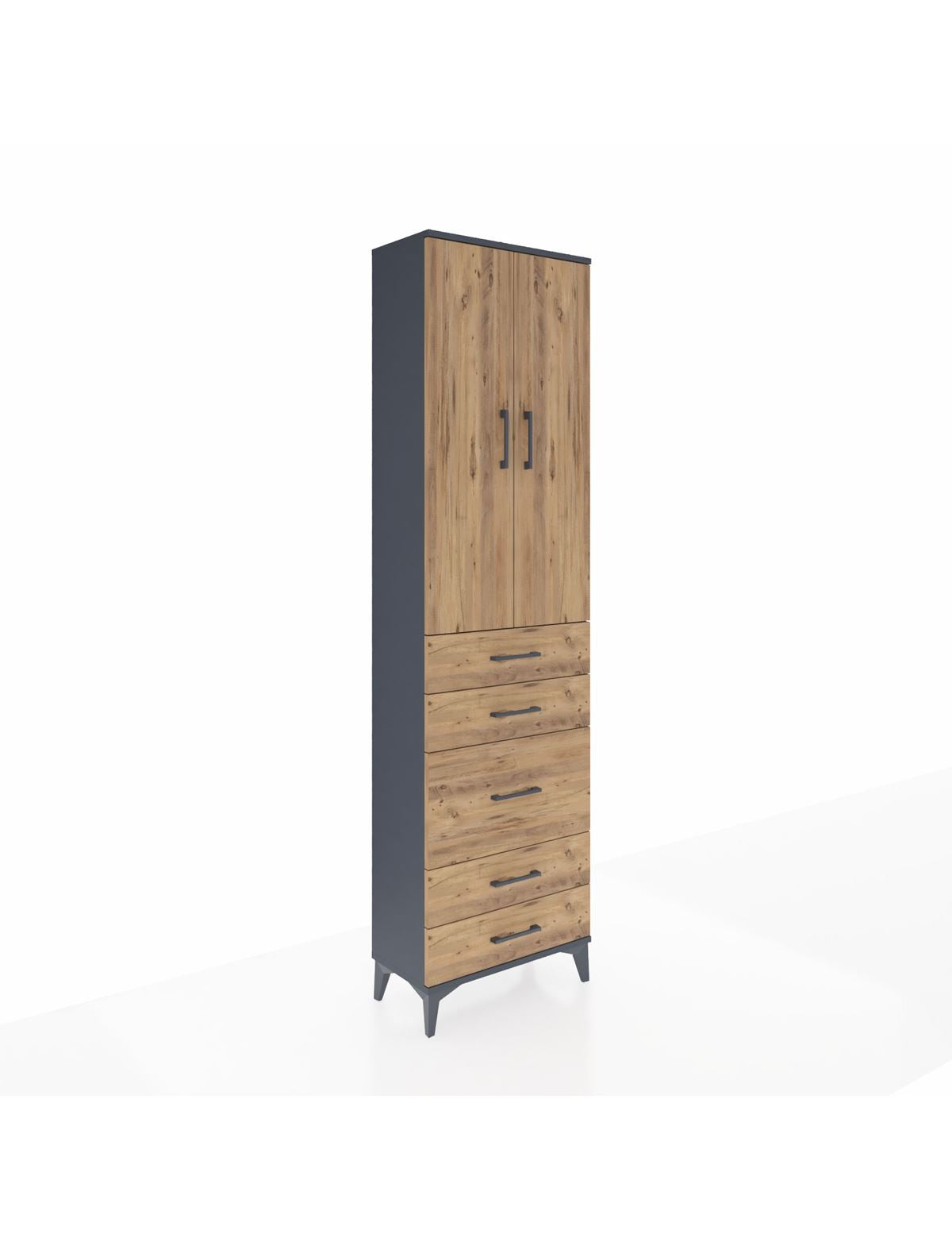 Arges Dolap 3 Raflı 5 Çekmeceli 2 Kapaklı 60x30x221 Antrasit-Çam