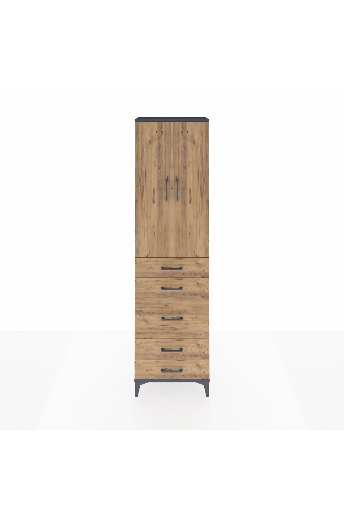 Arges Dolap 3 Raflı 5 Çekmeceli 2 Kapaklı 60x30x221 Antrasit-Çam