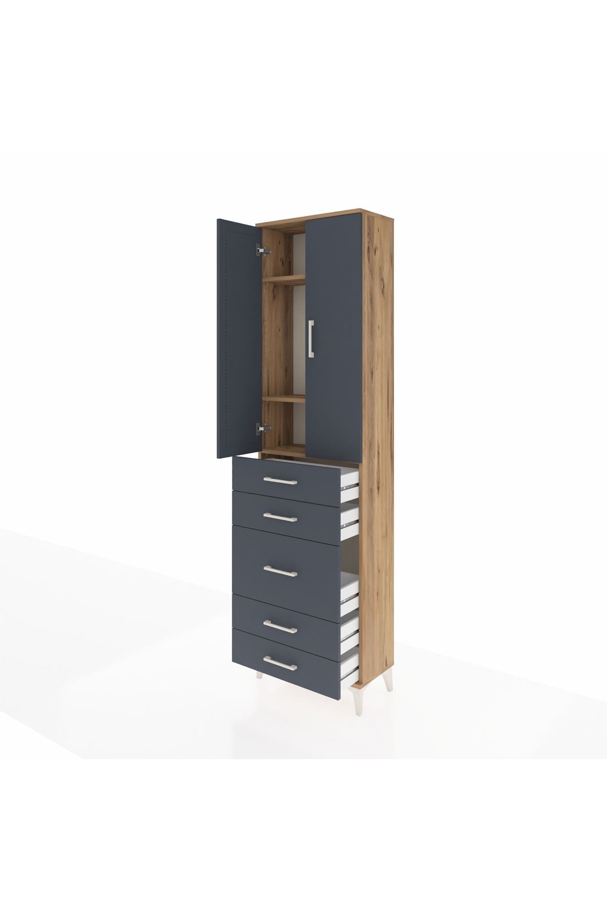 Arges Dolap 3 Raflı 5 Çekmeceli 2 Kapaklı 60x30x221 Çam-Antrasit