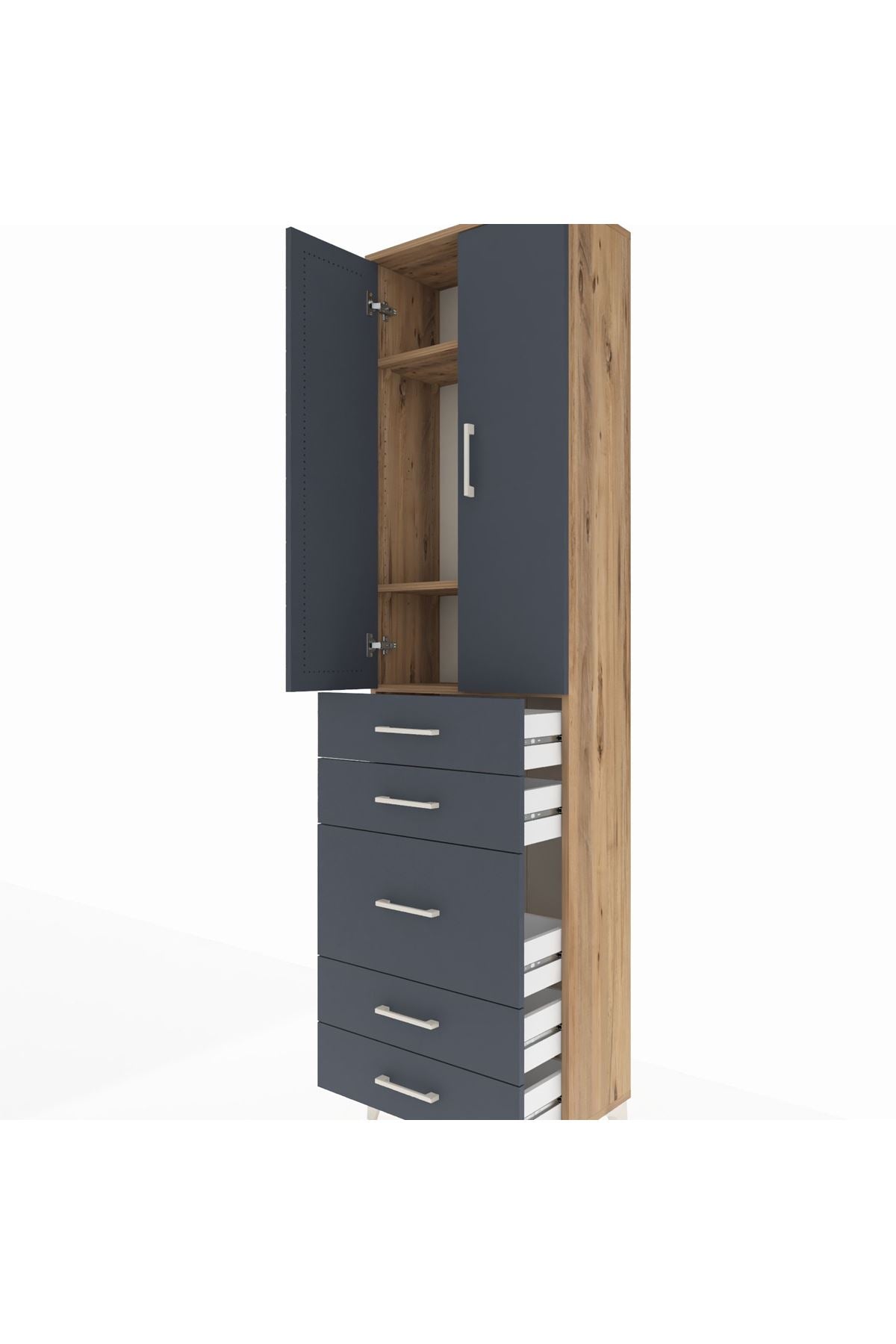 Arges Dolap 3 Raflı 5 Çekmeceli 2 Kapaklı 60x30x221 Çam-Antrasit