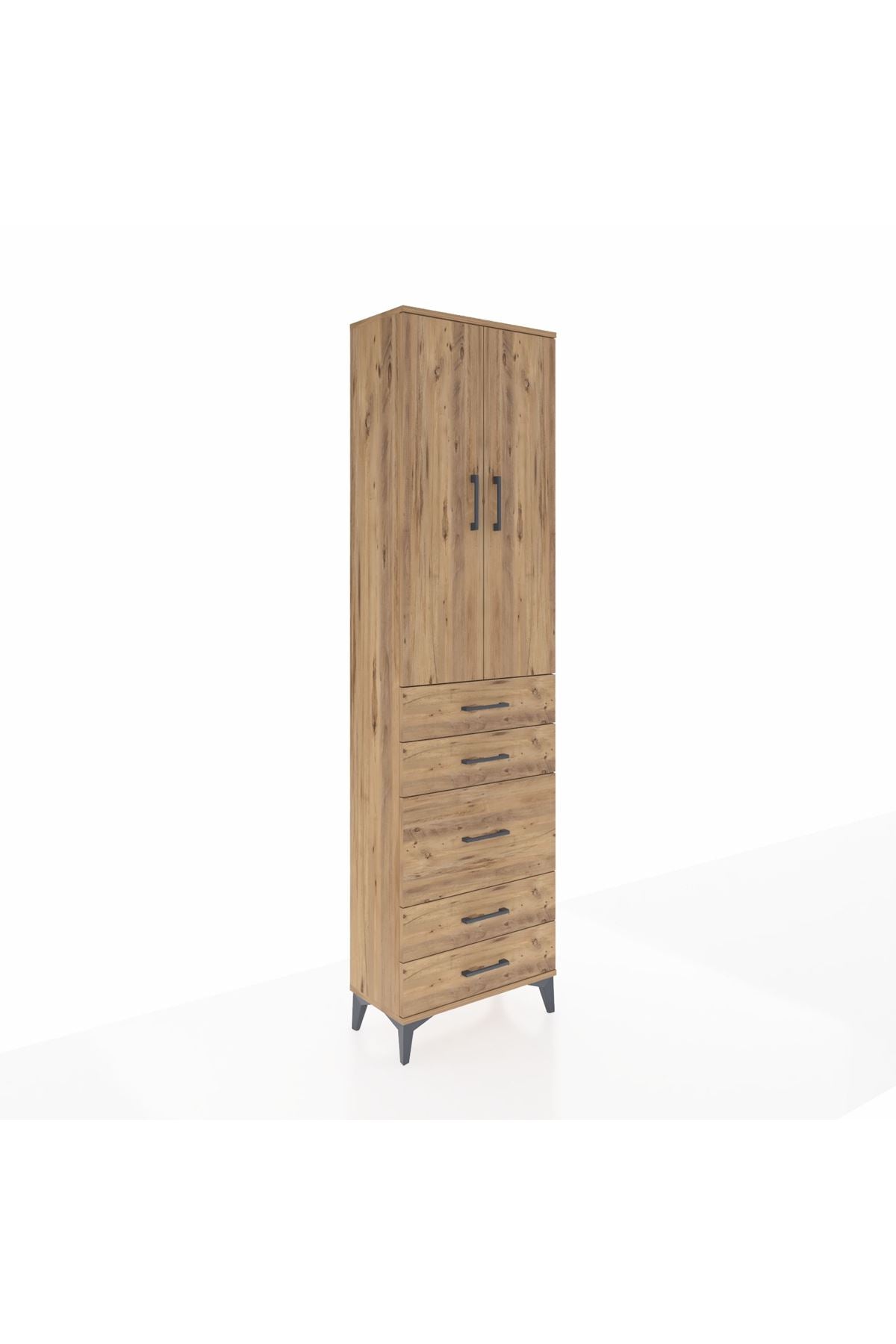 Arges Dolap 3 Raflı 5 Çekmeceli 2 Kapaklı 60x30x221 Çam-Çam