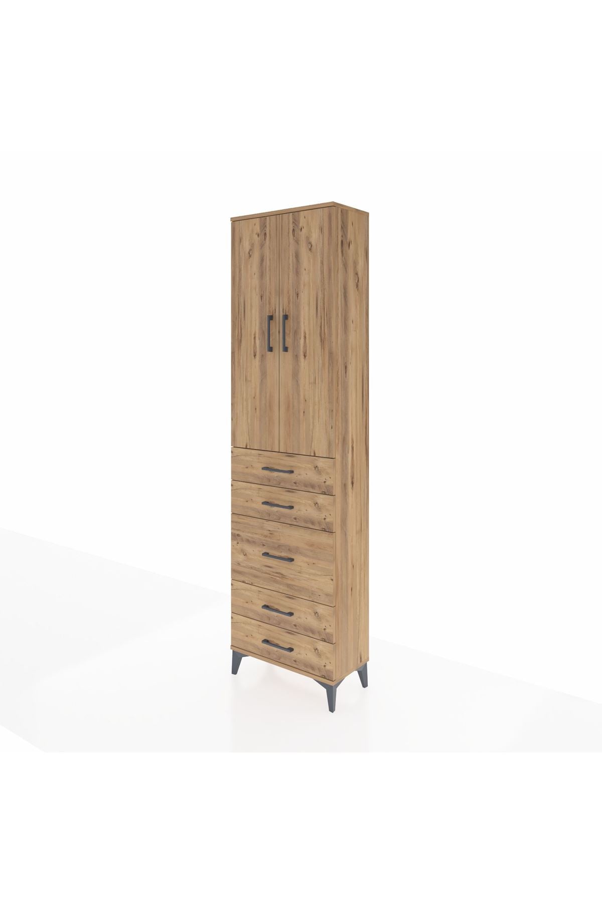 Arges Dolap 3 Raflı 5 Çekmeceli 2 Kapaklı 60x30x221 Çam-Çam