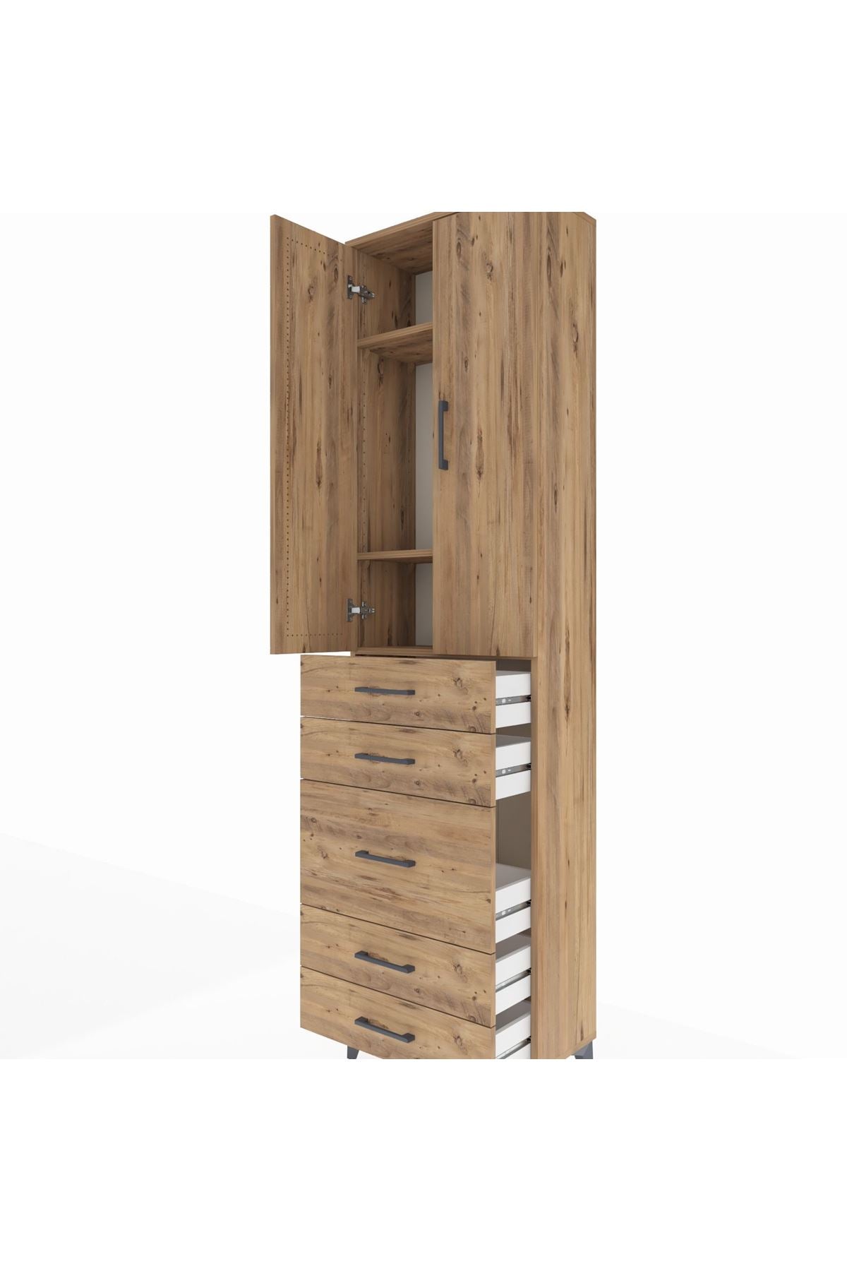 Arges Dolap 3 Raflı 5 Çekmeceli 2 Kapaklı 60x30x221 Çam-Çam