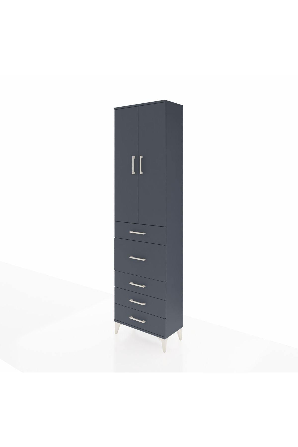 Arges Dolap 2 Raflı 5 Çekmeceli 2 Kapaklı 60x30x221 Antrasit-Antrasit