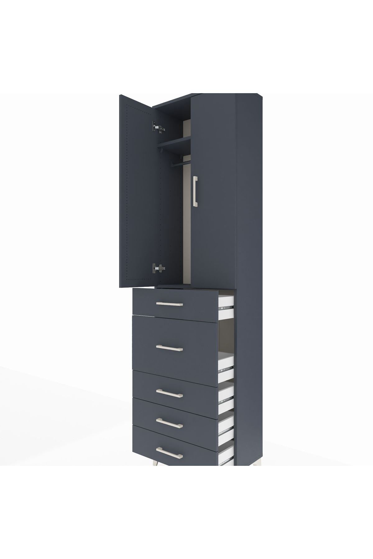 Arges Dolap 2 Raflı 5 Çekmeceli 2 Kapaklı 60x30x221 Antrasit-Antrasit